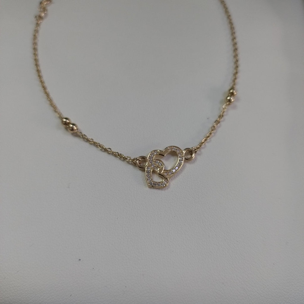PULSERA TEJIDO ESPECIAL CORAZONES CON CIRCONIAS 14K 18 CM 2.4 GR (NUEVO)