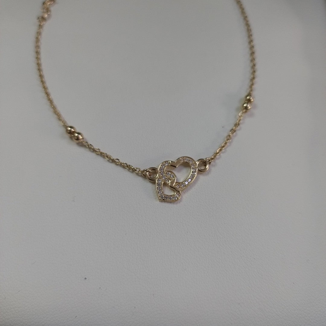 PULSERA TEJIDO ESPECIAL CORAZONES CON CIRCONIAS 14K 18 CM 2.4 GR (NUEVO)