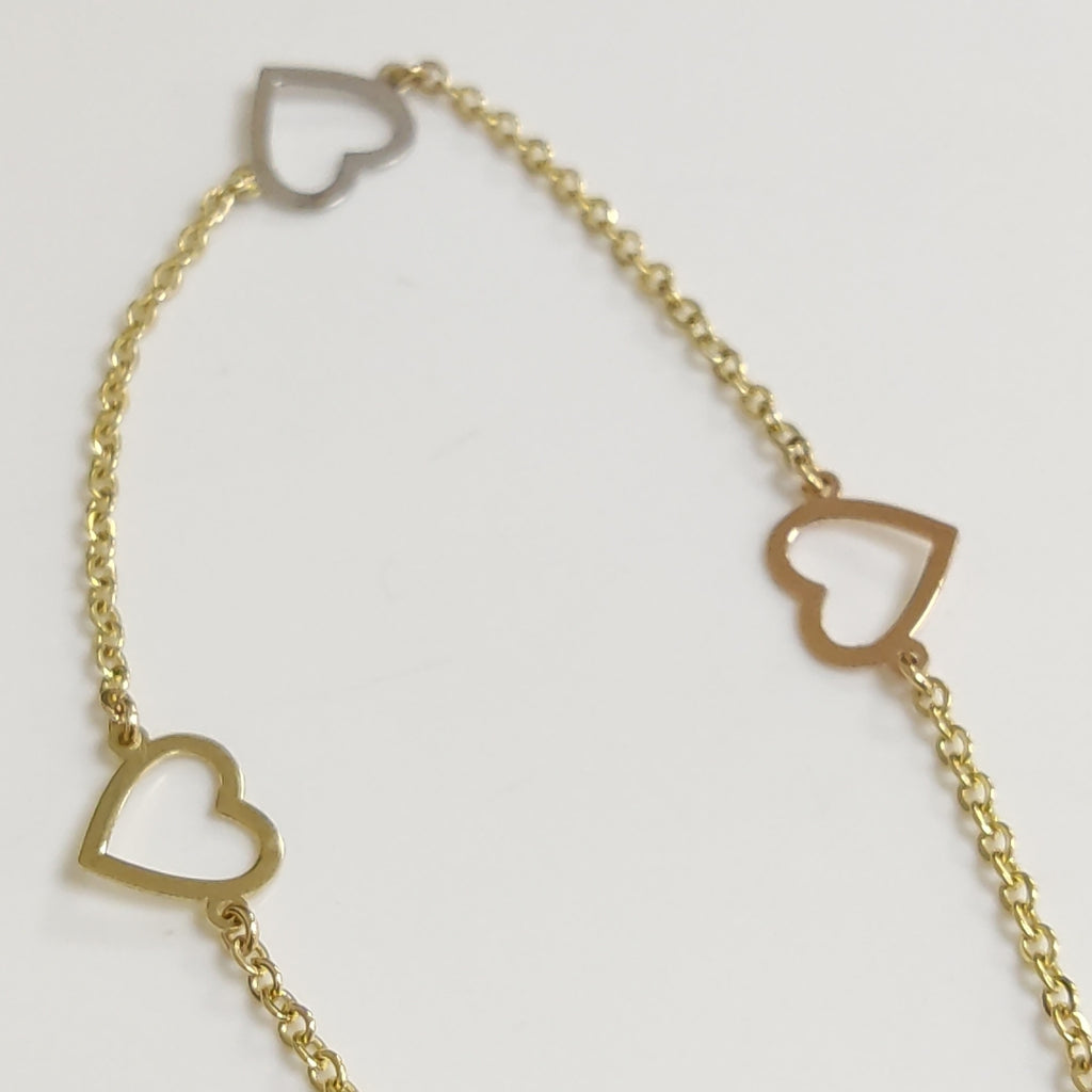 PULSERA ESPECIAL CON CORAZONES CONBINADOS 14K 18 CM 1.7 GR (NUEVO)