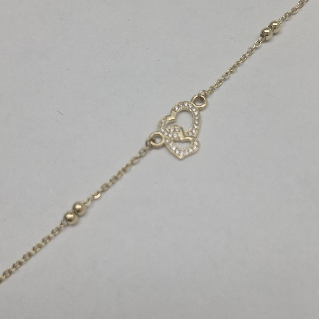 PULSERA TEJIDO ESPECIAL CORAZONES CON CIRCONIAS 14K 18 CM 2.4 GR (NUEVO)