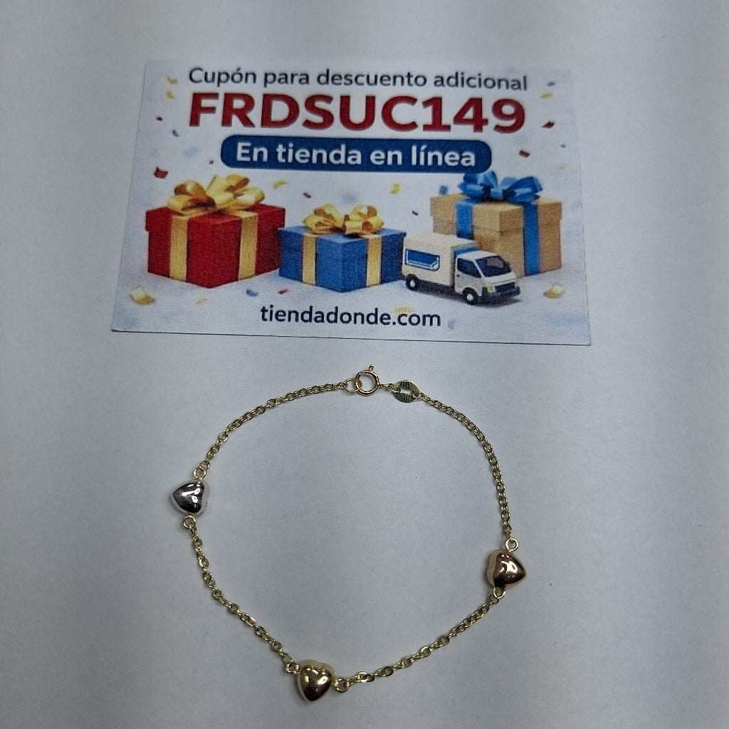 PULSERA ESP CON CORAZONES COMBINADOS 14K 18 CM 1.6 GR (NUEVO)