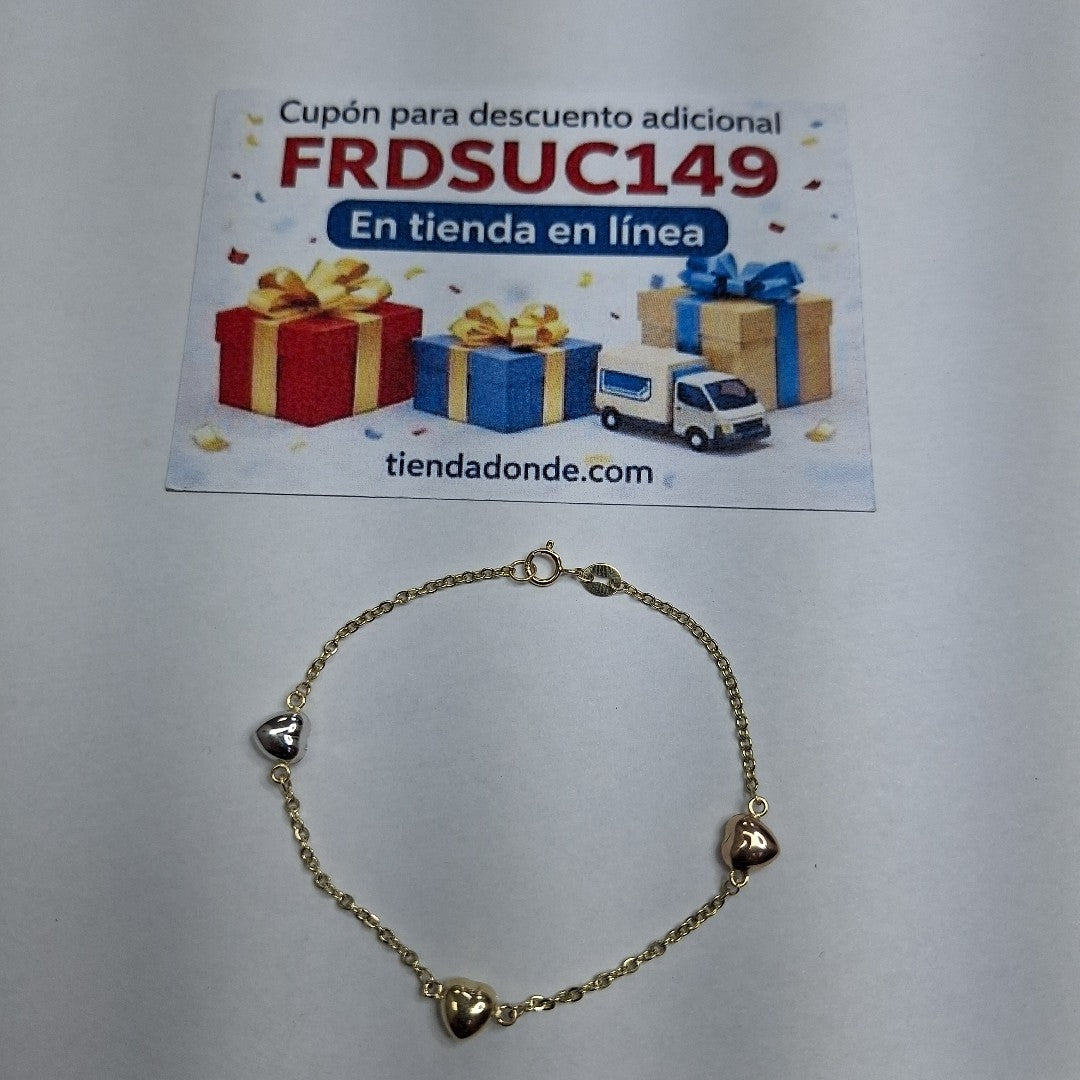 PULSERA ESP CON CORAZONES COMBINADOS 14K 18 CM 1.6 GR (NUEVO)