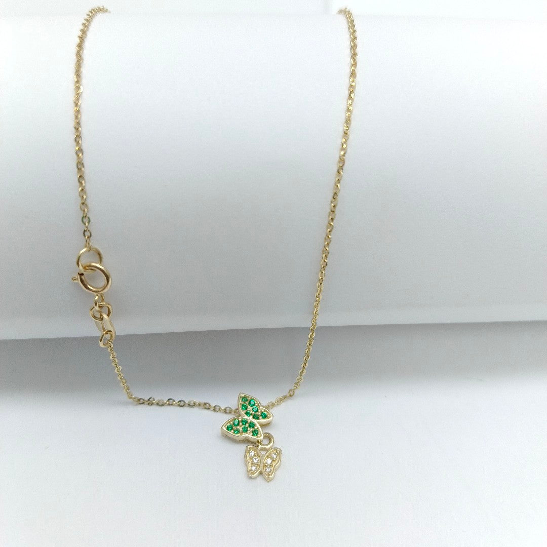 CADENA TEJIDO GARGANTILLA CON DIJE MARIPOSAS CIRCONIAS Y PIEDRAS DE COLOR 14K 45 CM 2 GR (NUEVO)