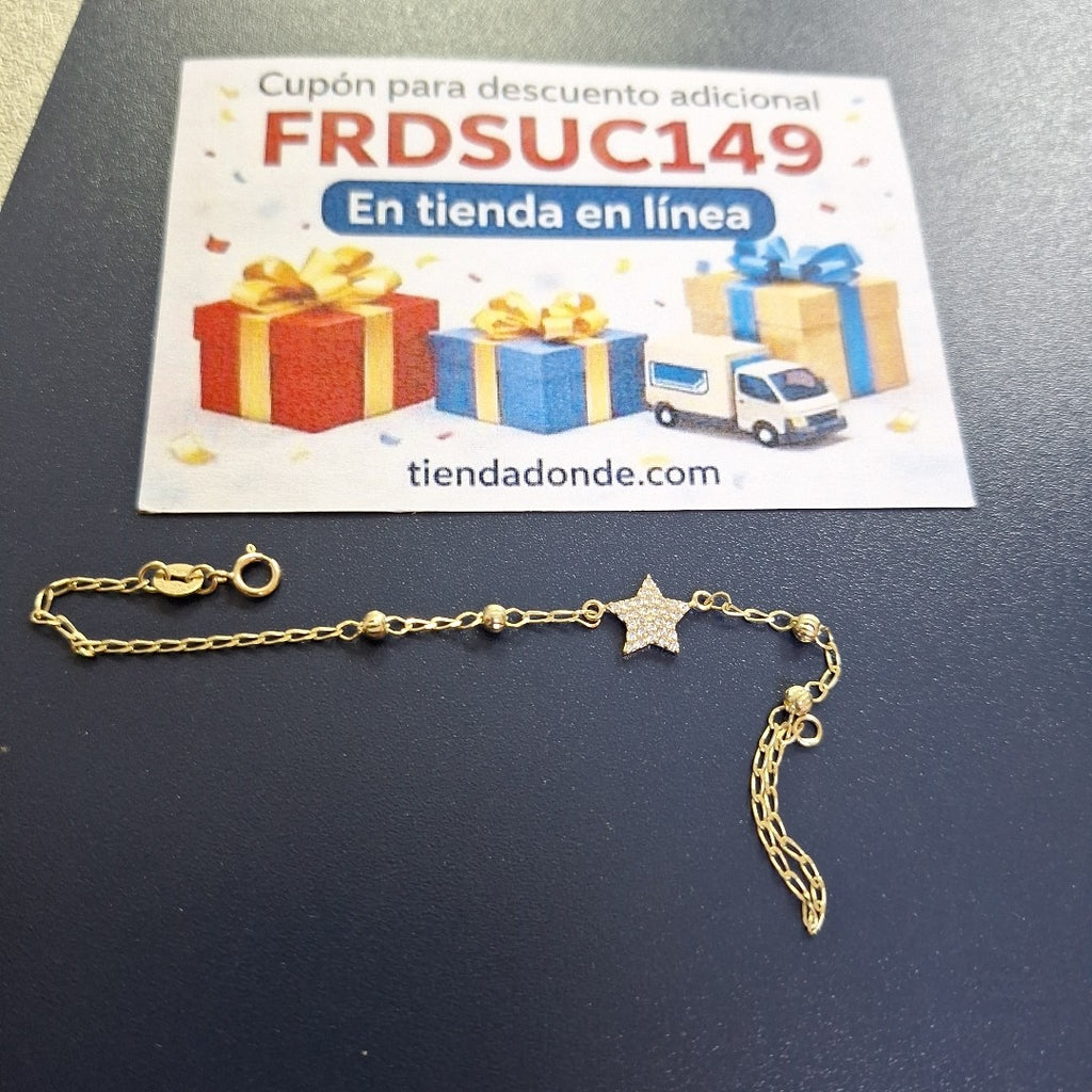 PULSERA ESPECIAL CON ESTRELLA Y CIRCONIAS 14K 18 CM 1.5 GR (NUEVO)