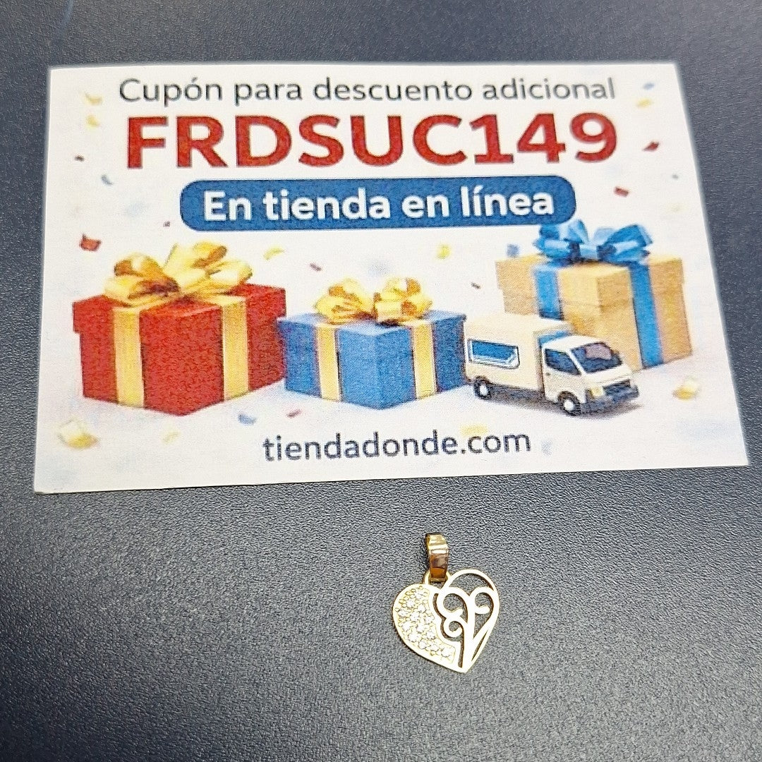 DIJE TEJIDO CORAZON CON CIRCONIAS Y ARBOL DE LA VIDA 14K 0.8 GR (NUEVO)