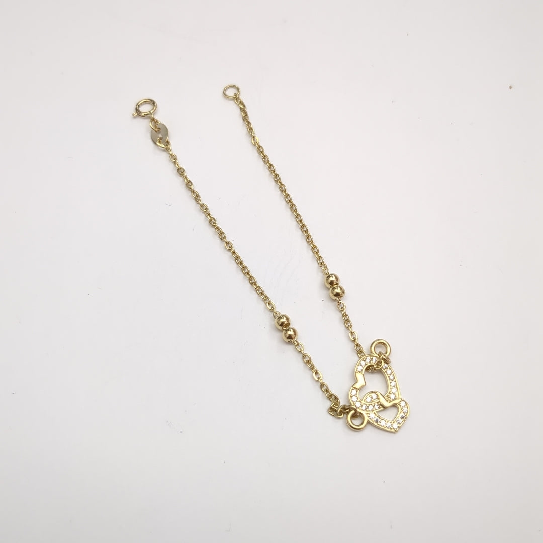 PULSERA TEJIDO ESPECIAL CORAZONES CON CIRCONIAS 14K 18 CM 2.4 GR (NUEVO)