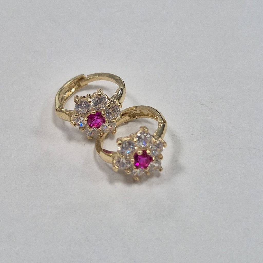ARETES HUGGIES CON CIRCONIAS Y PIEDRA DE COLOR 14K 1.8 GR (NUEVO)