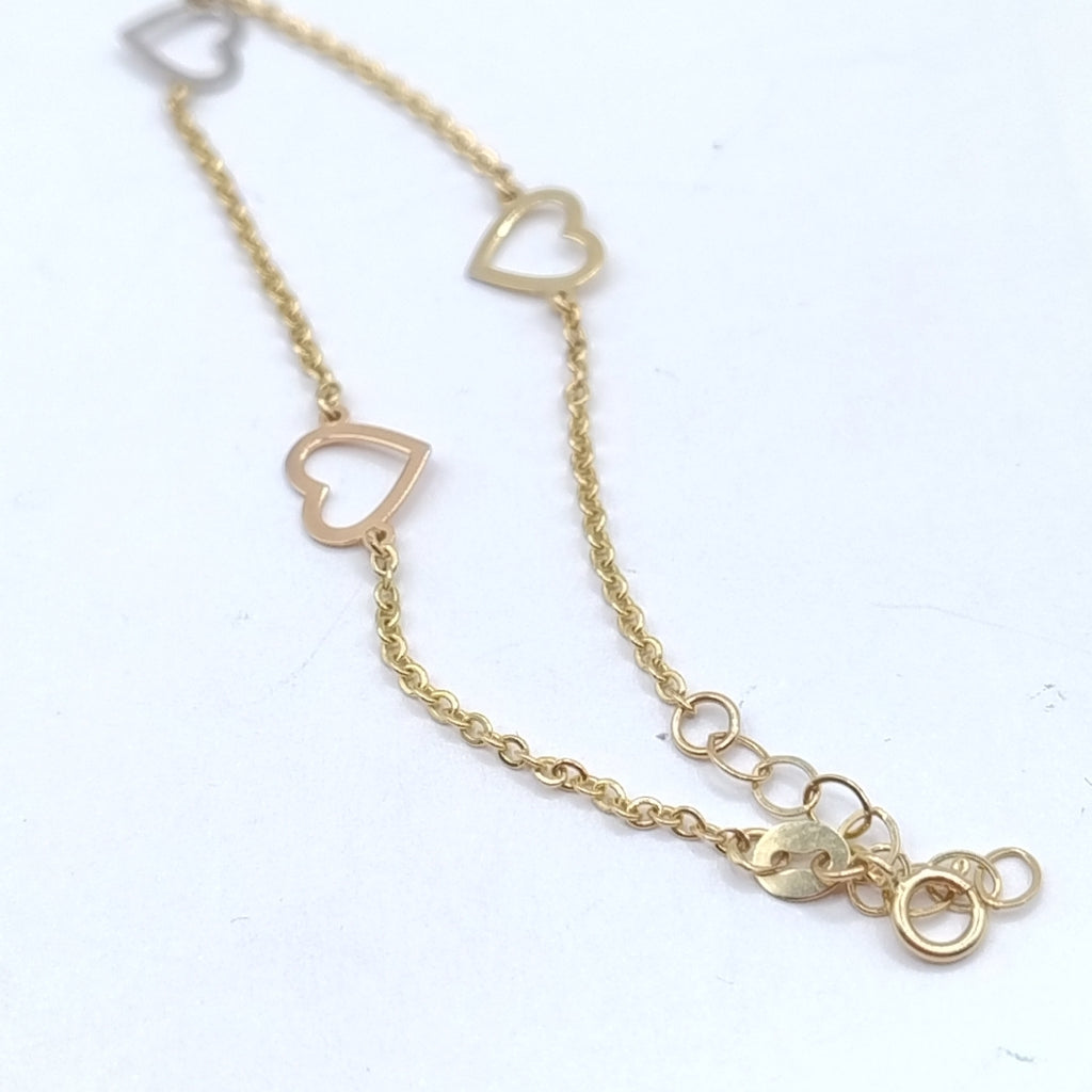 PULSERA ESPECIAL CON CORAZONES CONBINADOS 14K 18 CM 1.6 GR (NUEVO)