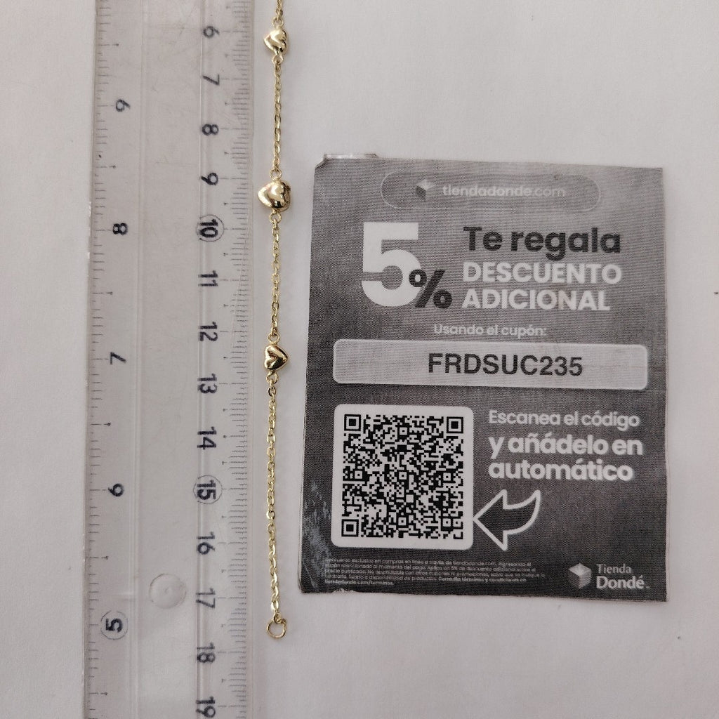 PULSERA TEJIDO ESPECIAL CON CORAZONES 14K 18 CM 1.7 GR (NUEVO)