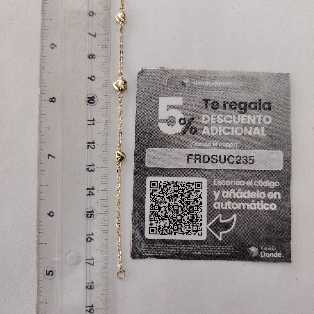 PULSERA TEJIDO ESPECIAL CON CORAZONES 14K 18 CM 1.7 GR (NUEVO)