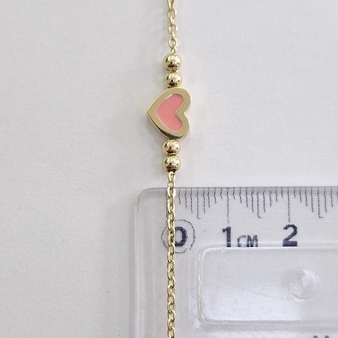 PULSERA TEJIDO ESPECIAL CON FIGURA CORAZON CON ESMALTE ROSA 14K 18 CM 1.9 GR (NUEVO)