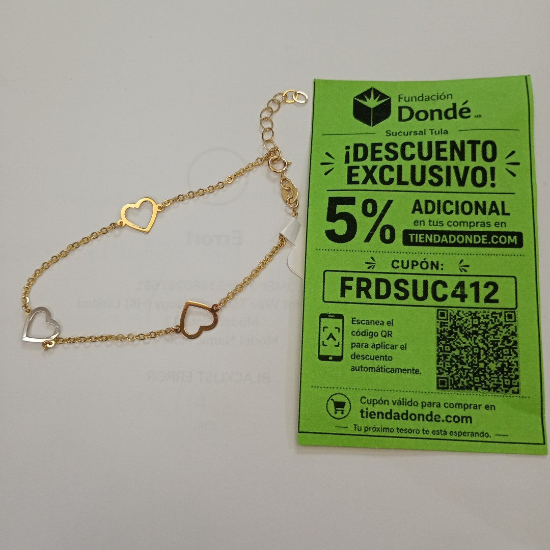 PULSERA ESPECIAL CON CORAZONES CONBINADOS 14K 18 CM 1.6 GR (NUEVO)