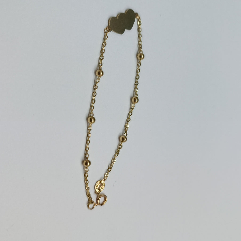 PULSERA TEJIDO ESPECIAL CON DOS CORAZONES 14K 18 CM 1.7 GR (NUEVO)