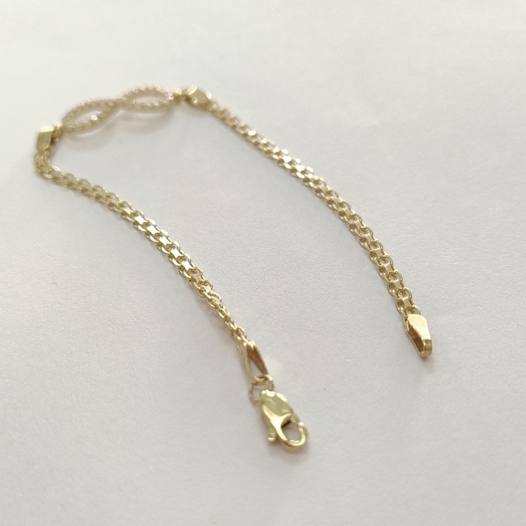 PULSERA TEJIDO ESPECIAL CON INFINITO Y CIRCONIAS 14K 18 CM 3.3 GR (NUEVO)