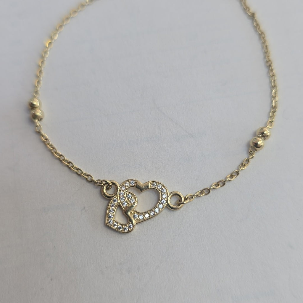 PULSERA TEJIDO ESPECIAL CORAZONES CON CIRCONIAS 14K 18 CM 2.4 GR (NUEVO)
