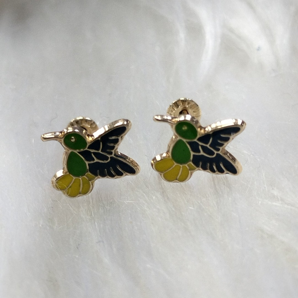 BROQUELES BROQUEL FIG COLIBRI ESMALTE VERDE 14K 0.2138 GR (NUEVO)