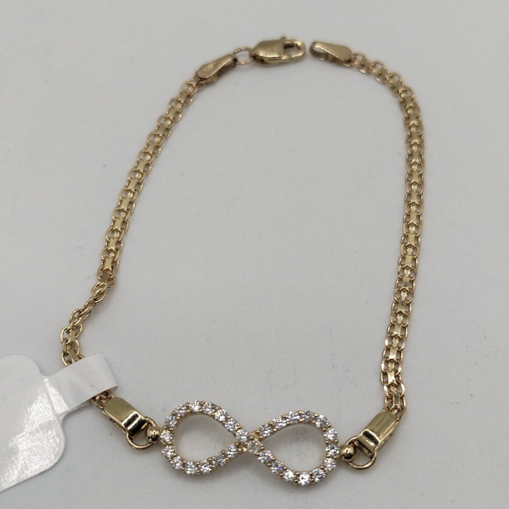 PULSERA TEJIDO ESPECIAL CON INFINITO Y CIRCONIAS 14K 18 CM 3.4 GR (NUEVO)