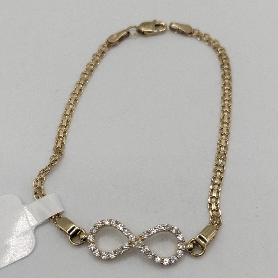 PULSERA TEJIDO ESPECIAL CON INFINITO Y CIRCONIAS 14K 18 CM 3.4 GR (NUEVO)