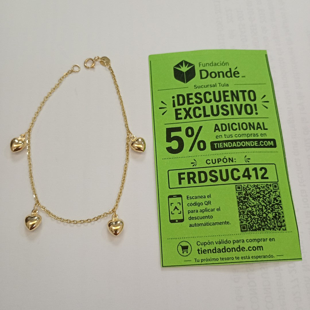 PULSERA ESP CON FIG CORAZONES 14K 18 CM 1.8 GR (NUEVO)