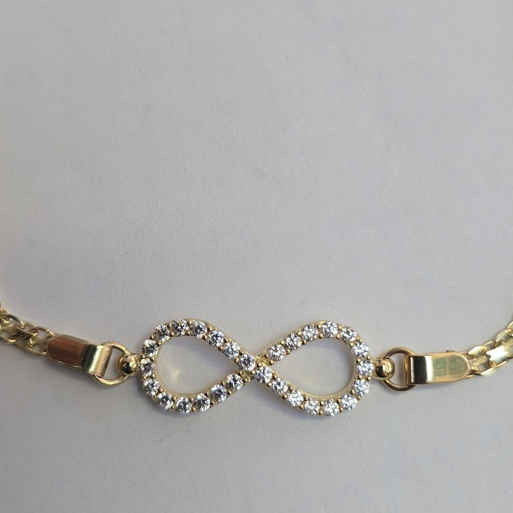 PULSERA TEJIDO ESPECIAL CON INFINITO Y CIRCONIAS 14K 18 CM 3.4 GR (NUEVO)