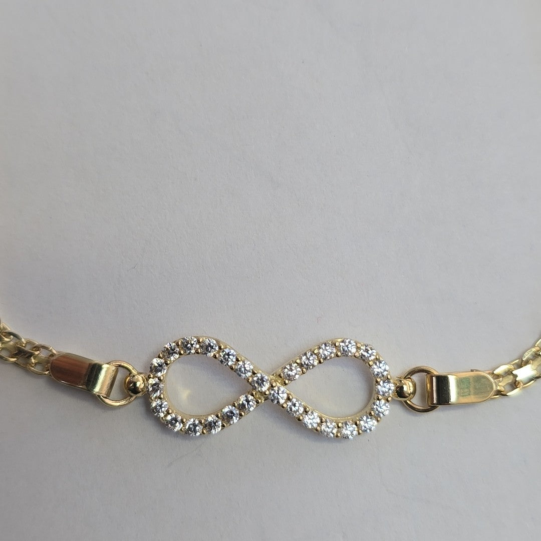PULSERA TEJIDO ESPECIAL CON INFINITO Y CIRCONIAS 14K 18 CM 3.4 GR (NUEVO)