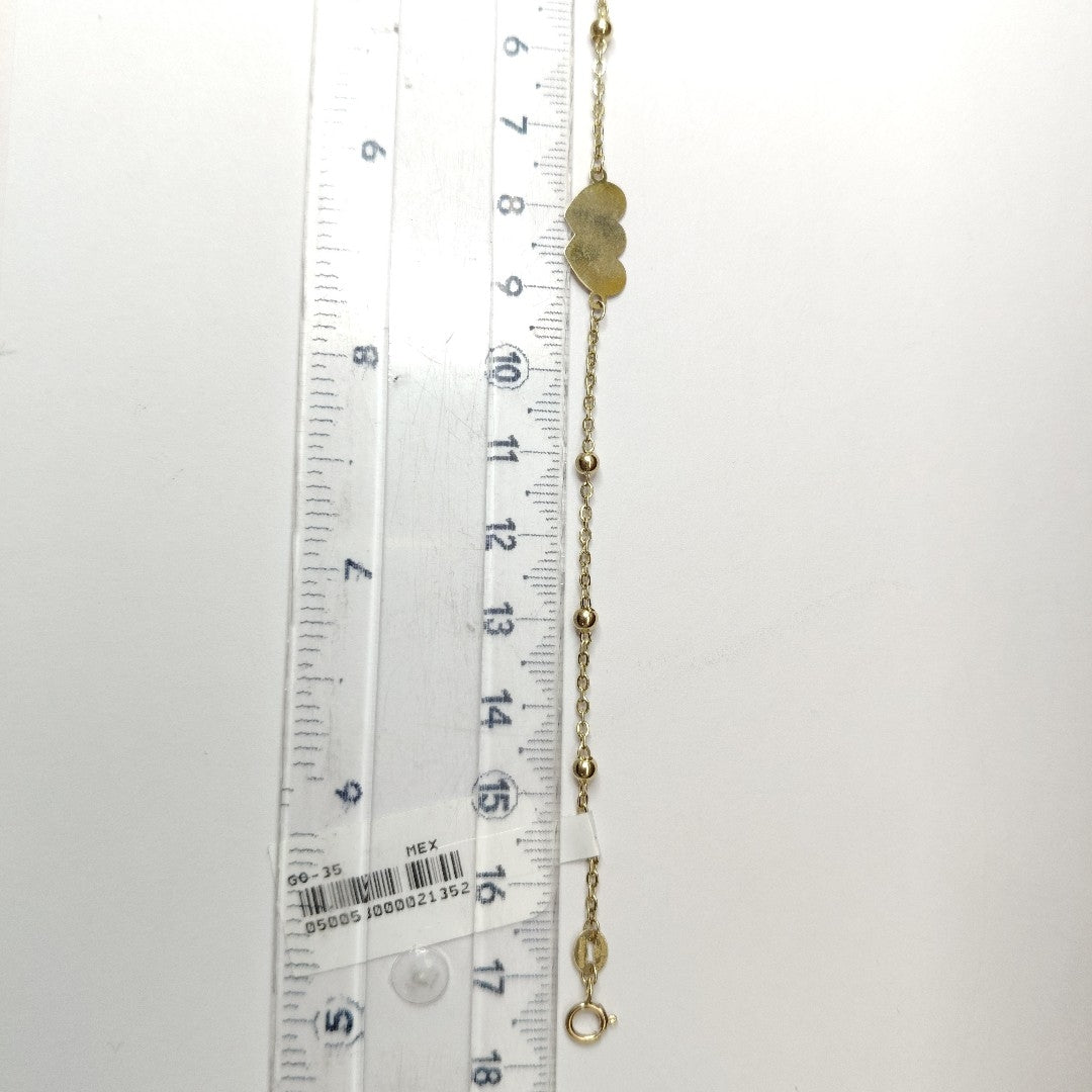 PULSERA TEJIDO ESPECIAL CON DOS CORAZONES 14K 18 CM 1.7 GR (NUEVO)