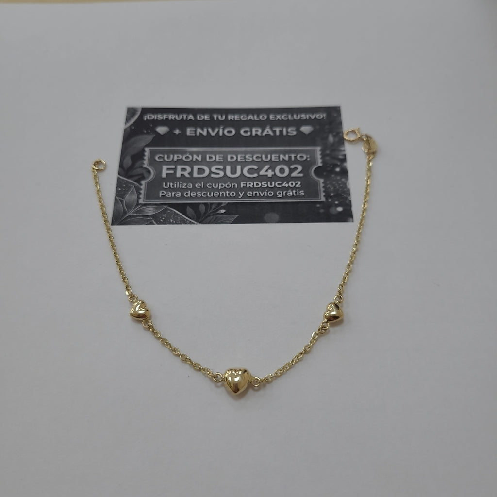 PULSERA TEJIDO ESPECIAL CON CORAZONES 14K 18 CM 1.7 GR (NUEVO)