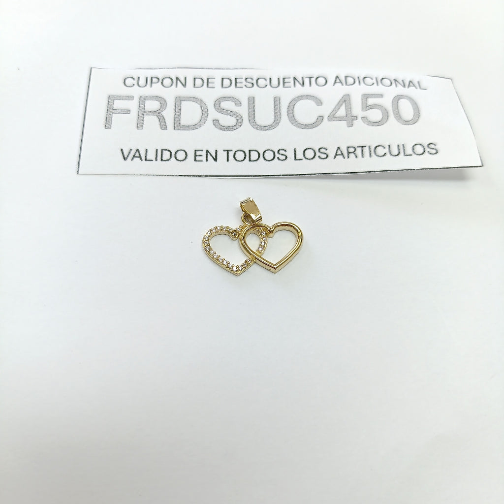 DIJE TEJIDO DOS CORAZONES CON CIRCONIAS 14K 1.4 GR (NUEVO)