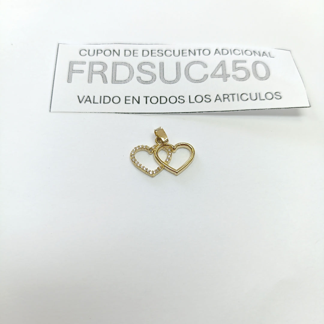 DIJE TEJIDO DOS CORAZONES CON CIRCONIAS 14K 1.4 GR (NUEVO)