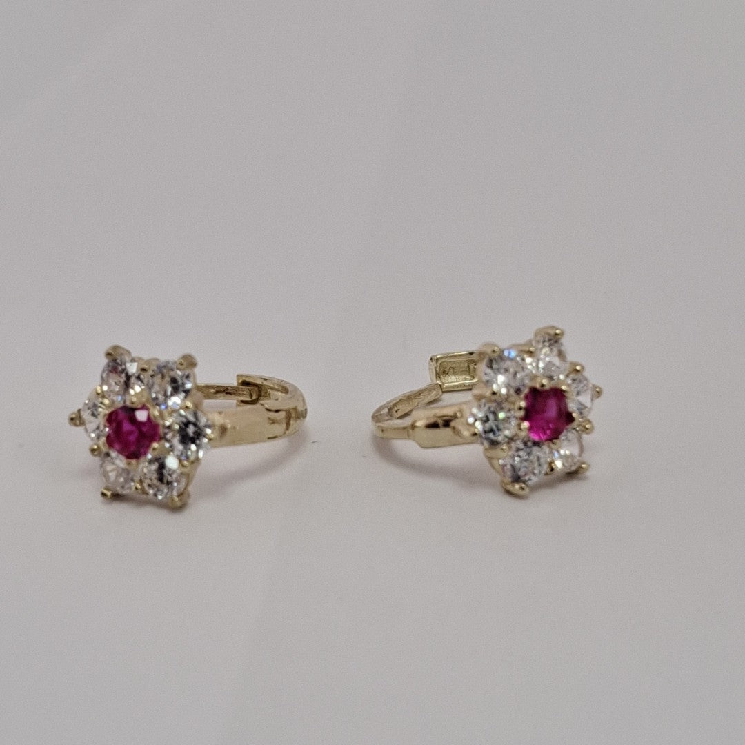 ARETES HUGGIES CON CIRCONIAS Y PIEDRA DE COLOR 14K 1.8 GR (NUEVO)