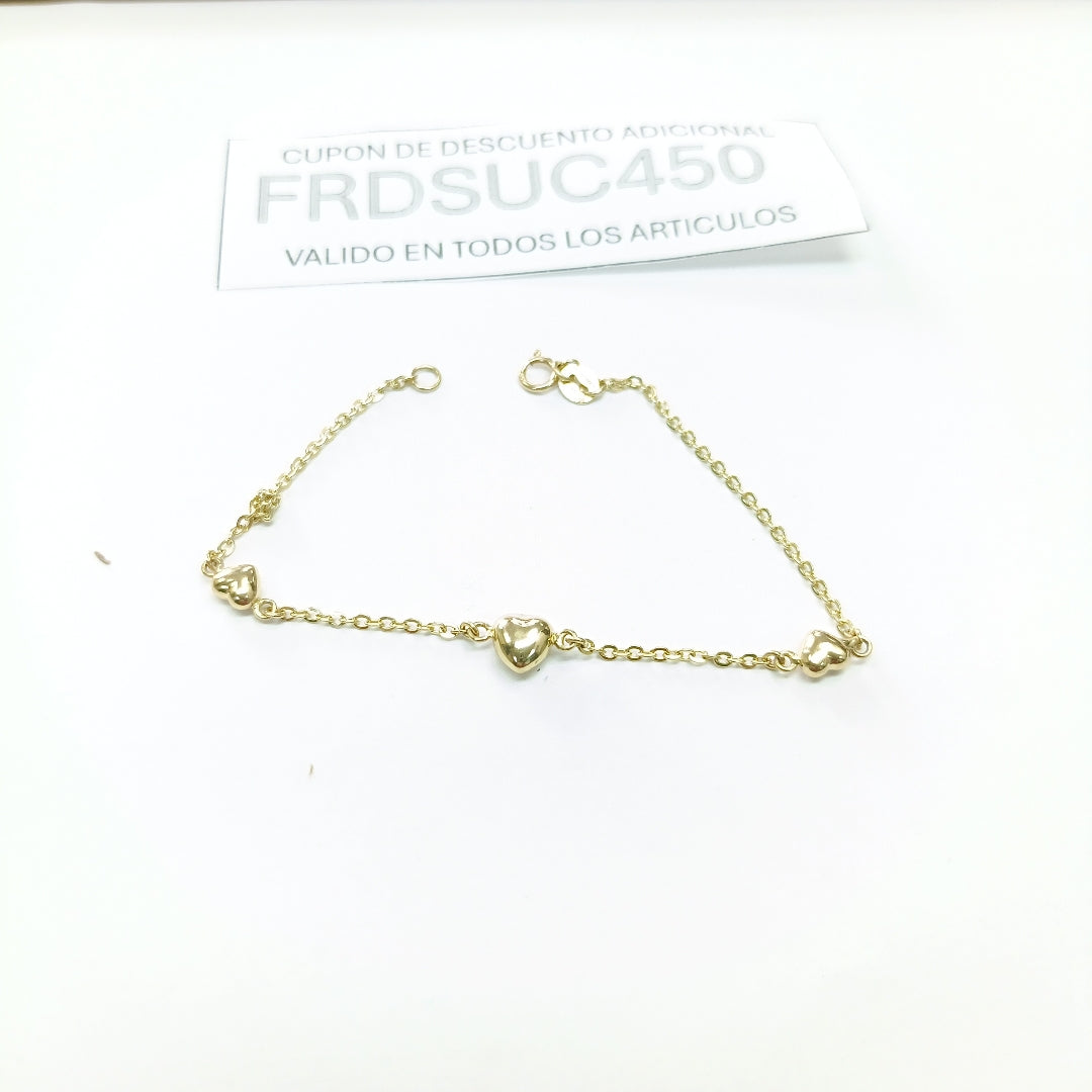 PULSERA TEJIDO ESPECIAL CON CORAZONES 14K 18 CM 1.7 GR (NUEVO)