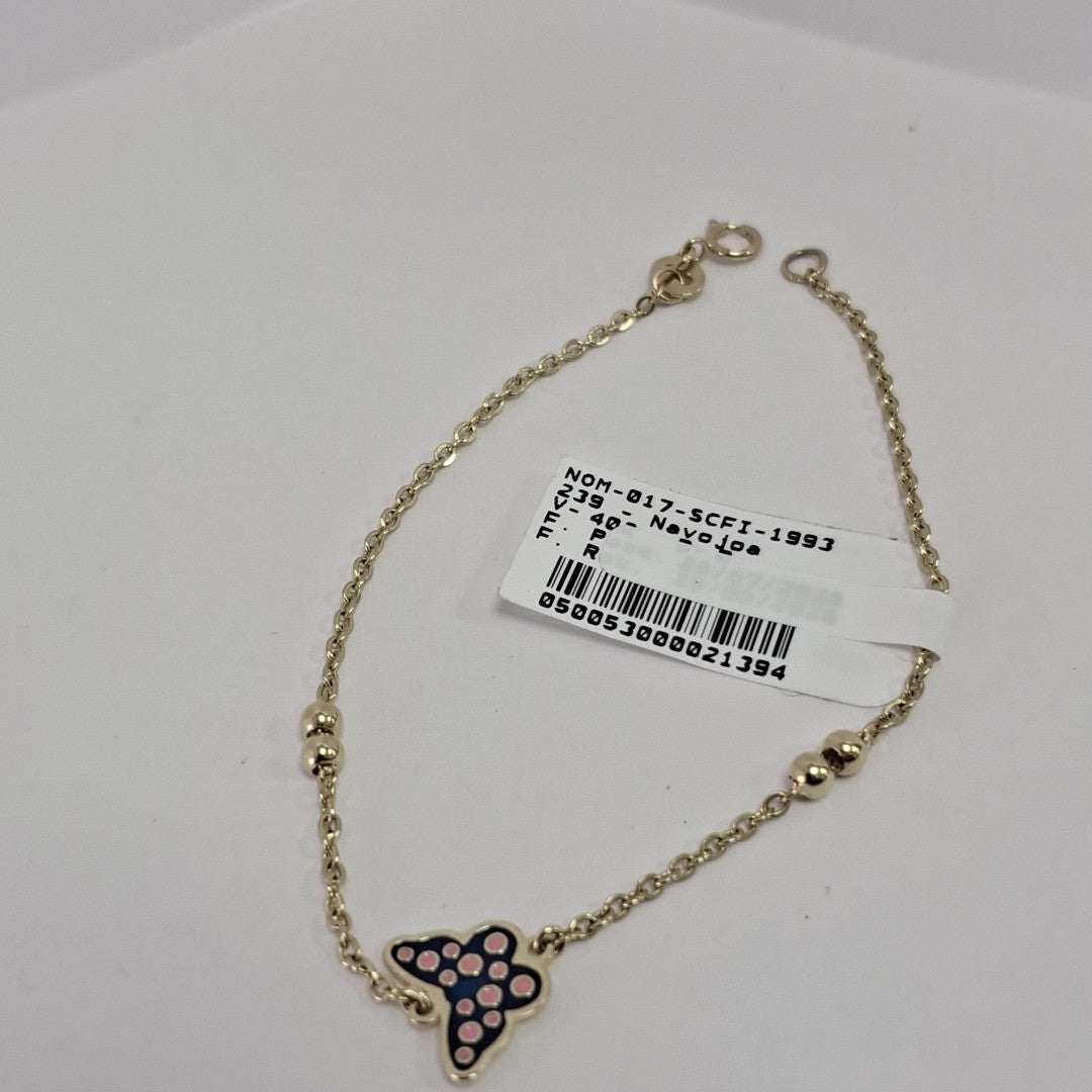 PULSERA TEJIDO ESPECIAL MARIPOSA CON ESMALTE 14K 18 CM 1.8 GR (NUEVO)