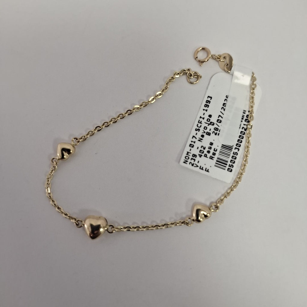 PULSERA TEJIDO ESPECIAL CON CORAZONES 14K 18 CM 1.6 GR (NUEVO)