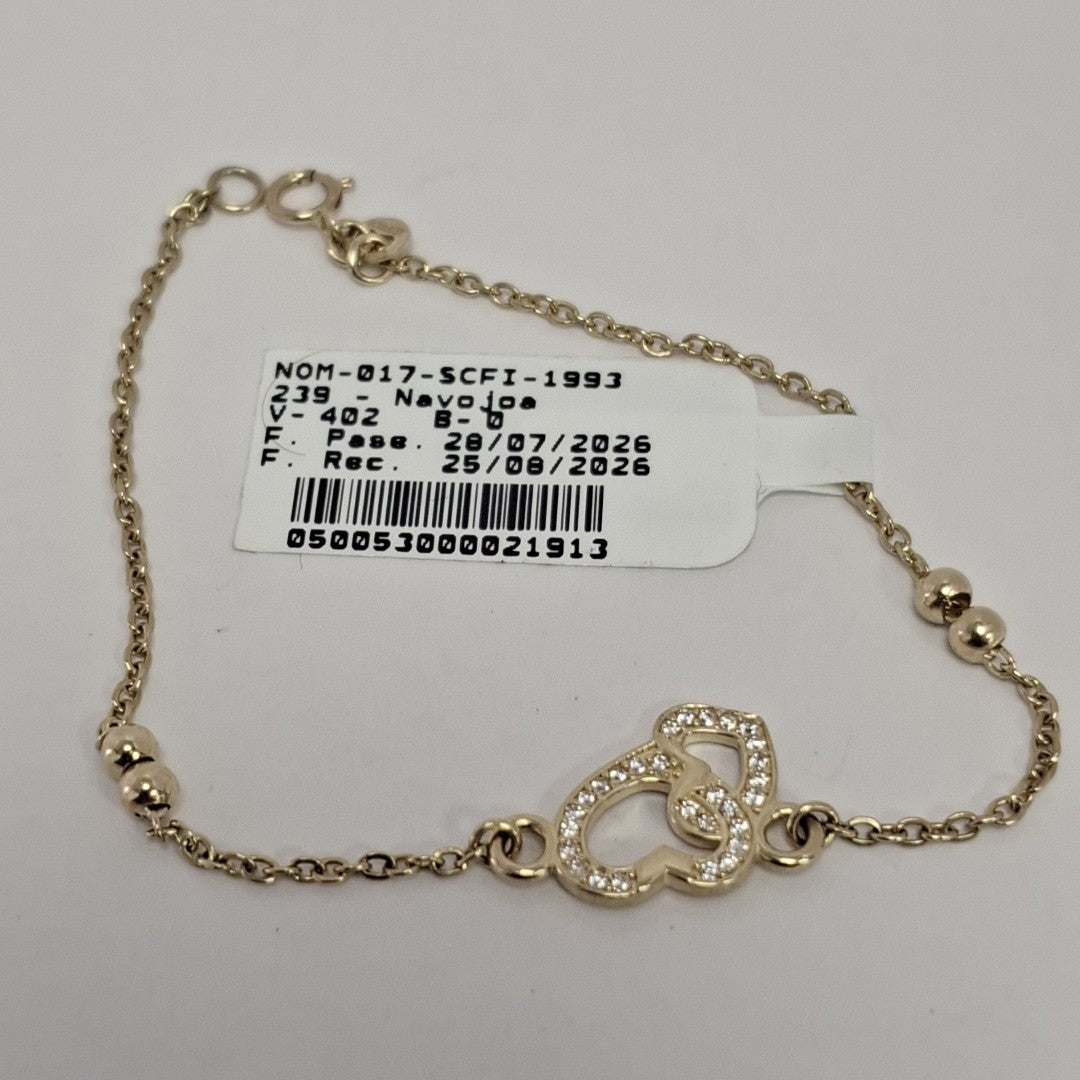 PULSERA TEJIDO ESPECIAL CORAZONES CON CIRCONIAS 14K 18 CM 2.4 GR (NUEVO)