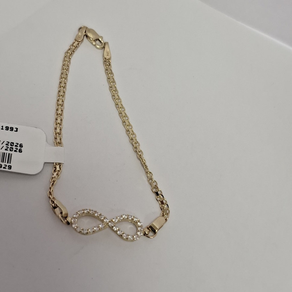 PULSERA TEJIDO ESPECIAL CON INFINITO Y CIRCONIAS 14K 18 CM 3.4 GR (NUEVO)
