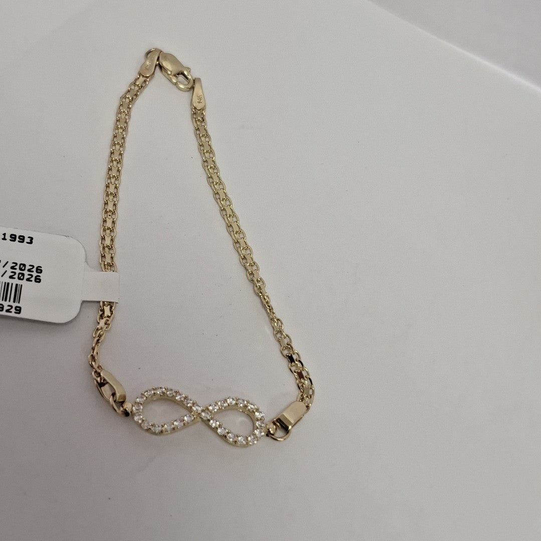 PULSERA TEJIDO ESPECIAL CON INFINITO Y CIRCONIAS 14K 18 CM 3.4 GR (NUEVO)