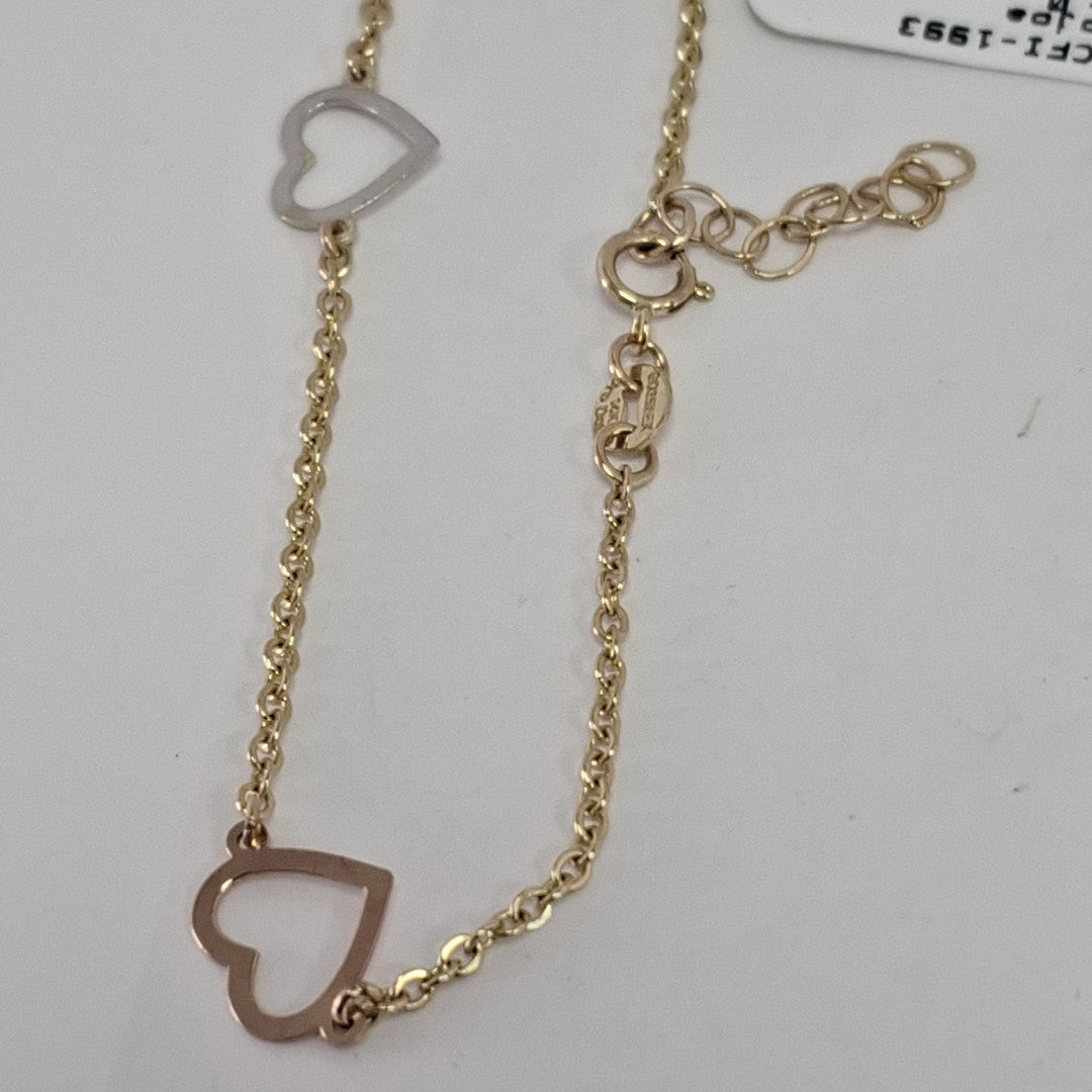 PULSERA ESPECIAL CON CORAZONES CONBINADOS 14K 18 CM 1.7 GR (NUEVO)
