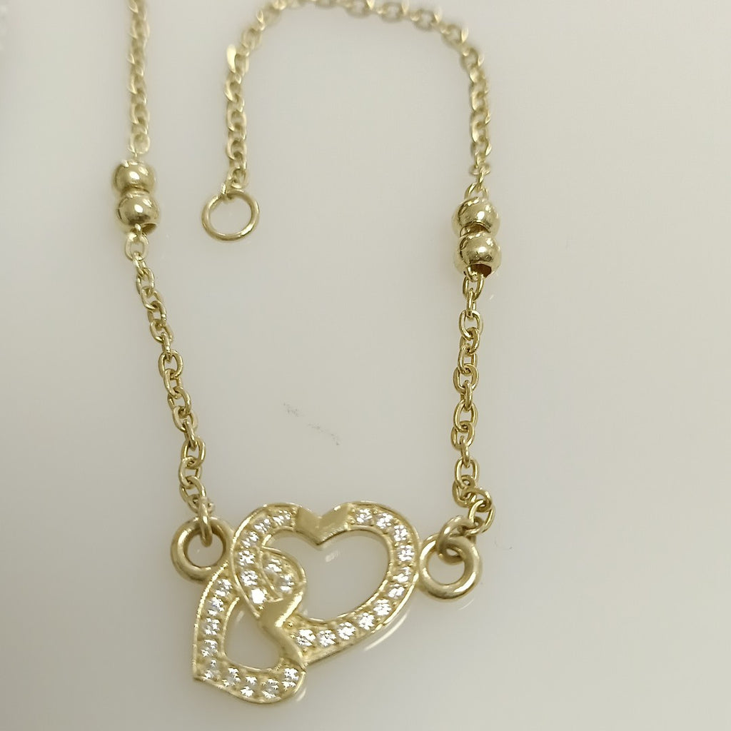 PULSERA TEJIDO ESPECIAL CORAZONES CON CIRCONIAS 14K 18 CM 2.4 GR (NUEVO)