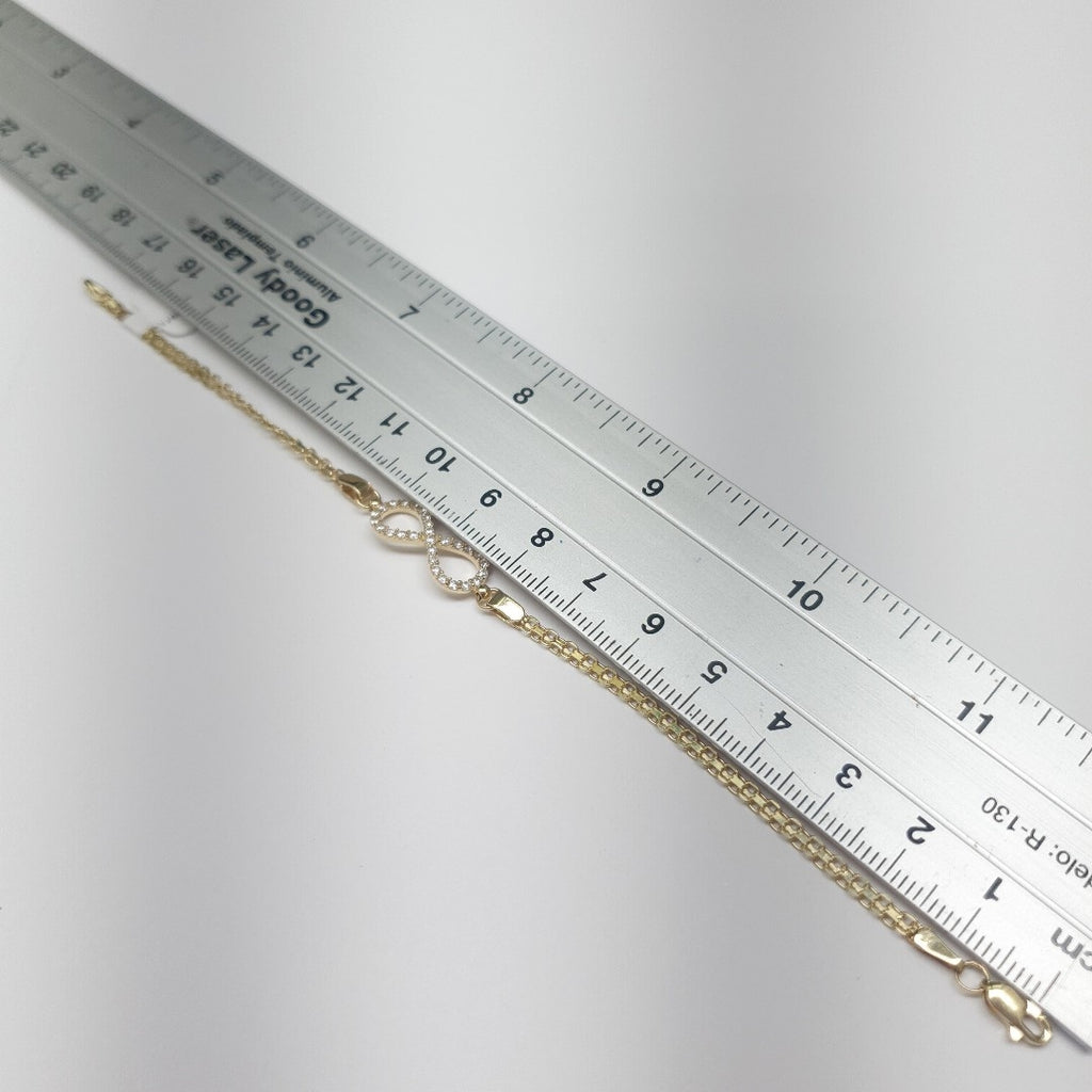 PULSERA TEJIDO ESPECIAL CON INFINITO Y CIRCONIAS 14K 18 CM 3.4 GR (NUEVO)