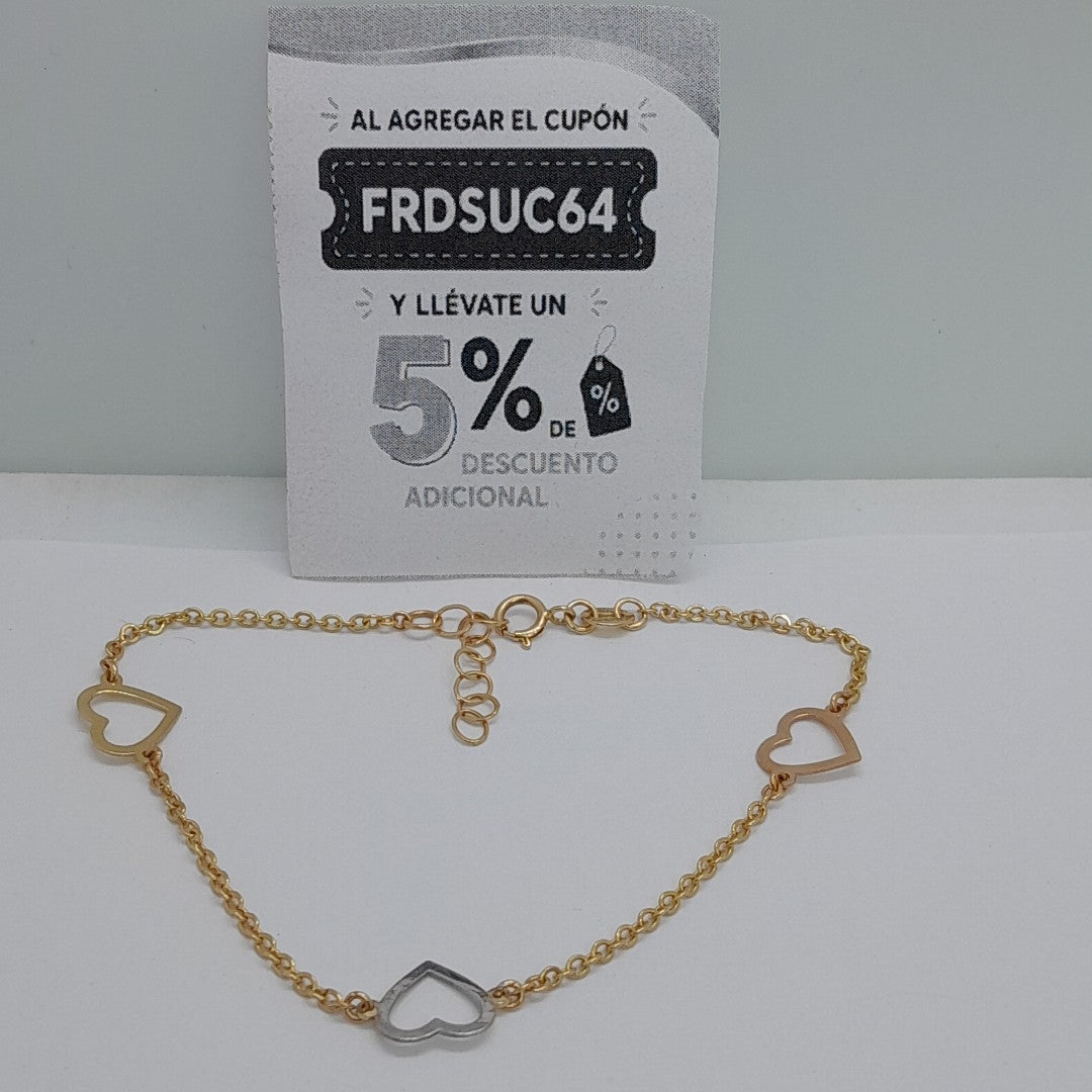 PULSERA ESPECIAL CON CORAZONES CONBINADOS 14K 18 CM 1.7 GR (NUEVO)