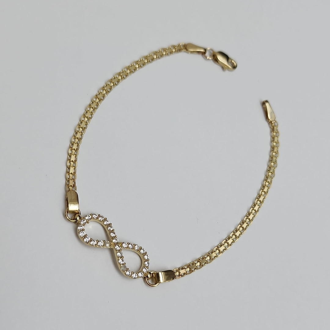 PULSERA TEJIDO ESPECIAL CON INFINITO Y CIRCONIAS 14K 18 CM 3.3 GR (NUEVO)
