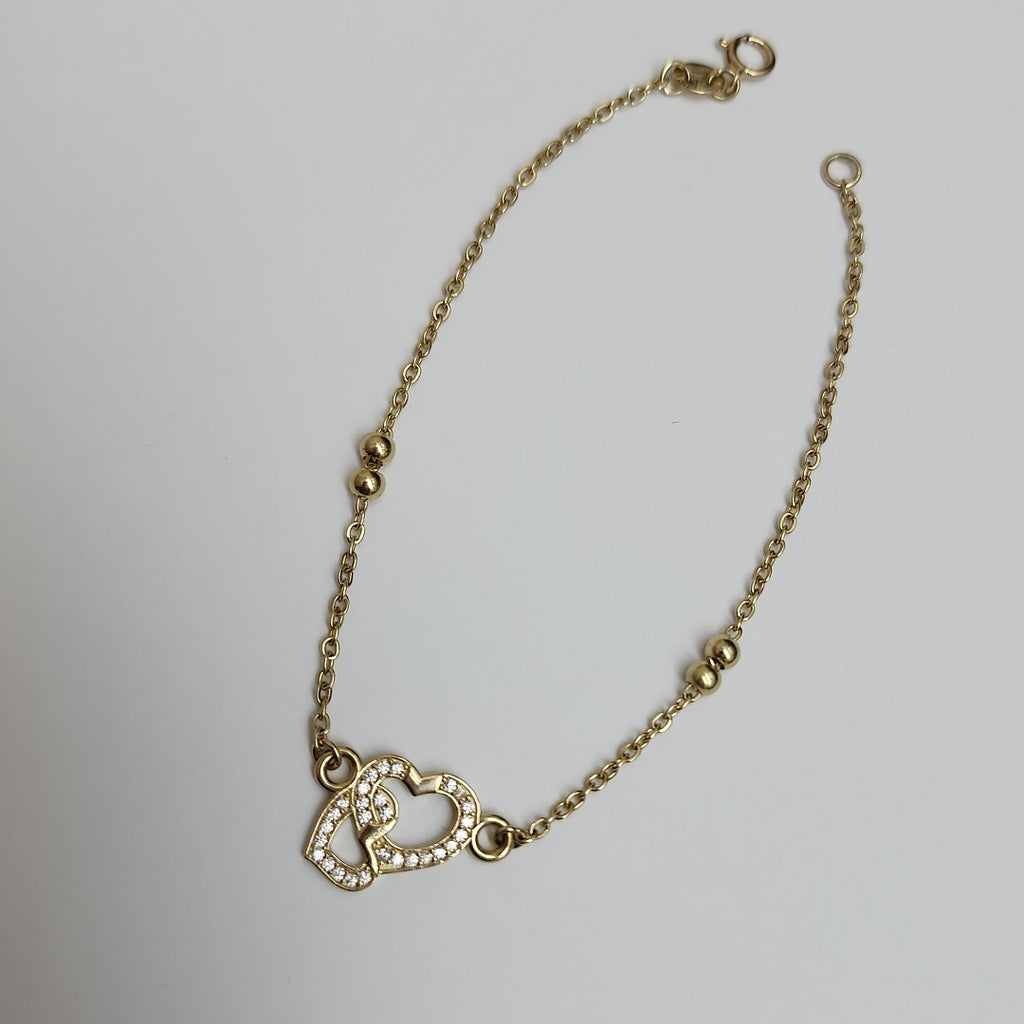 PULSERA TEJIDO ESPECIAL CORAZONES CON CIRCONIAS 14K 18 CM 2.4 GR (NUEVO)