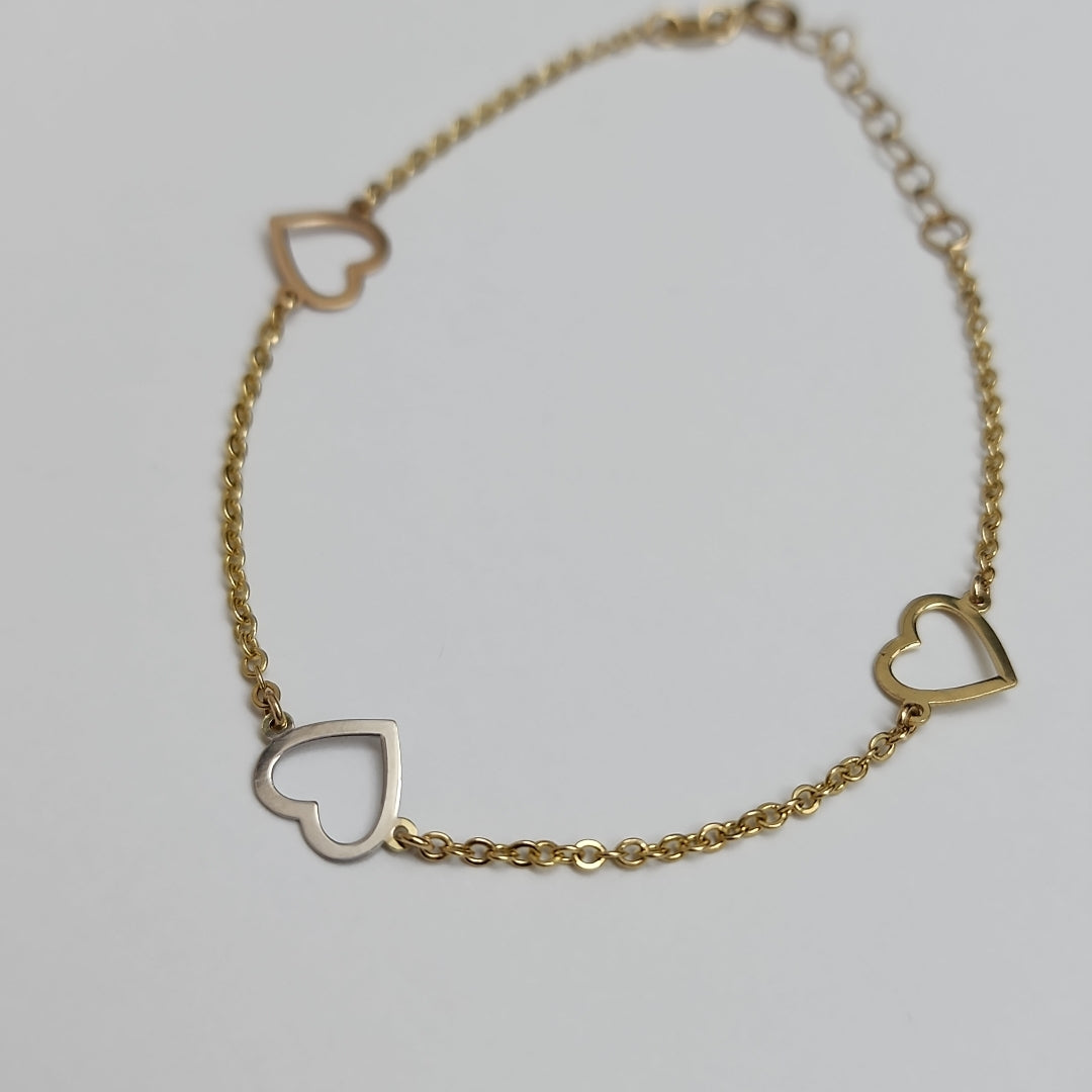 PULSERA ESPECIAL CON CORAZONES CONBINADOS 14K 18 CM 1.6 GR (NUEVO)