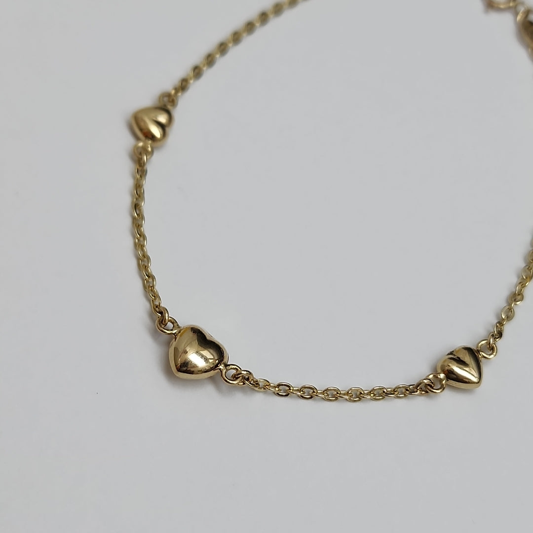 PULSERA TEJIDO ESPECIAL CON CORAZONES 14K 18 CM 1.7 GR (NUEVO)