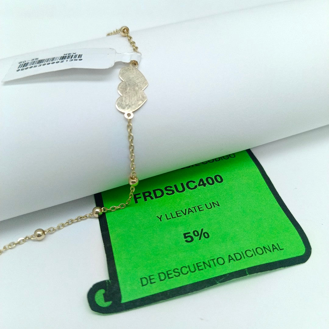 PULSERA TEJIDO ESPECIAL CON DOS CORAZONES 14K 18 CM 1.7 GR (NUEVO)