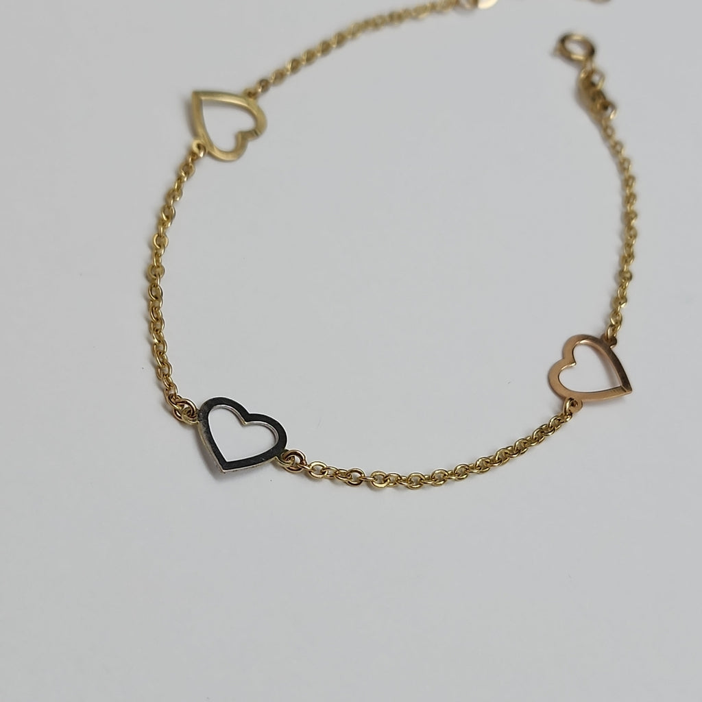 PULSERA ESPECIAL CON CORAZONES CONBINADOS 14K 18 CM 1.7 GR (NUEVO)