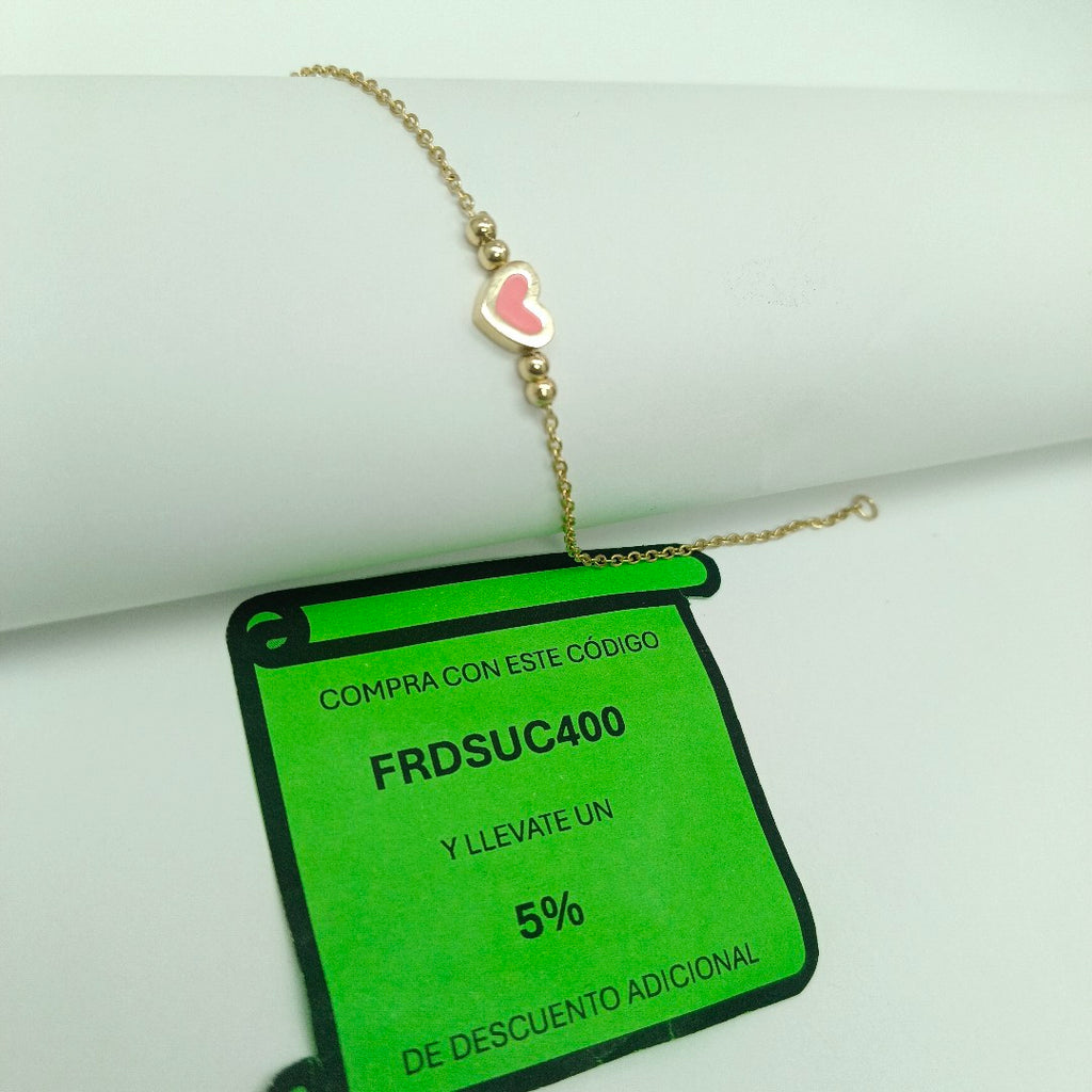 PULSERA TEJIDO ESPECIAL CON FIGURA CORAZON CON ESMALTE ROSA 14K 18 CM 2 GR (NUEVO)