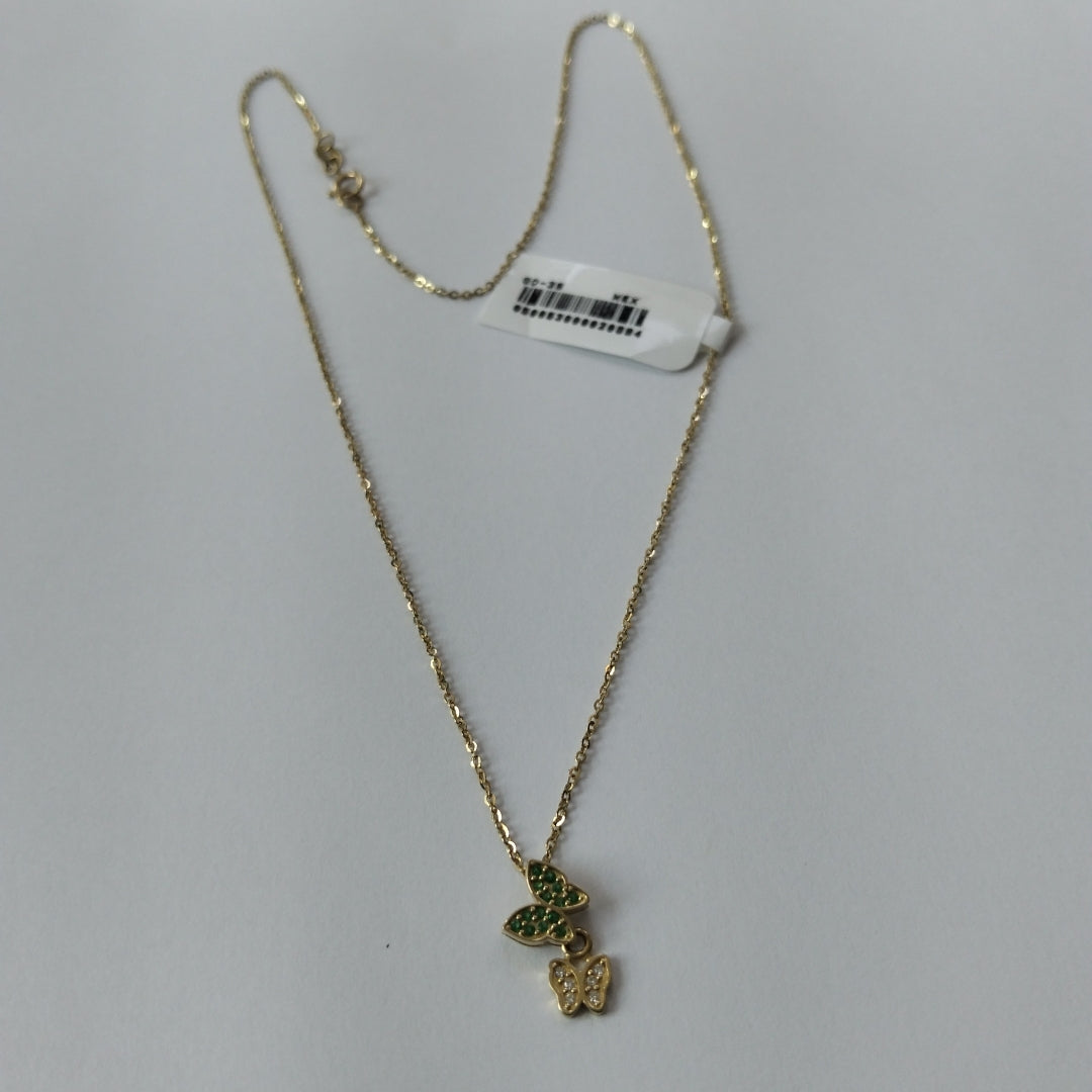 CADENA TEJIDO GARGANTILLA CON DIJE MARIPOSAS CIRCONIAS Y PIEDRAS DE COLOR 14K 45 CM 1.9 GR (NUEVO)