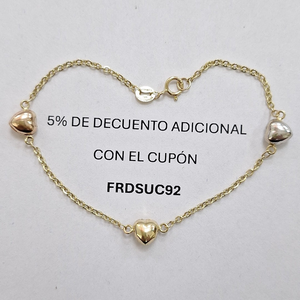 PULSERA ESP CON CORAZONES COMBINADOS 14K 18 CM 1.6 GR (NUEVO)