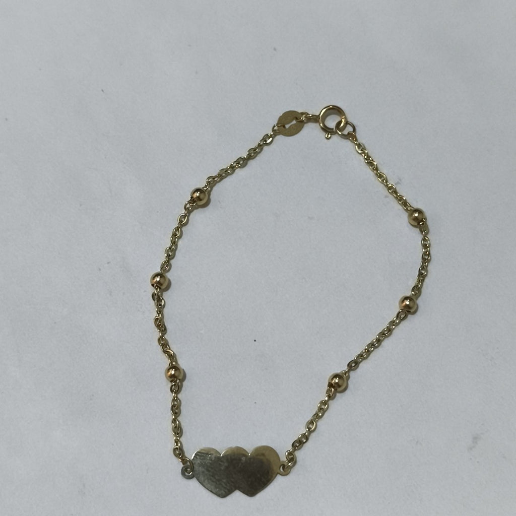 PULSERA TEJIDO ESPECIAL CON DOS CORAZONES 14K 18 CM 1.7 GR (NUEVO)